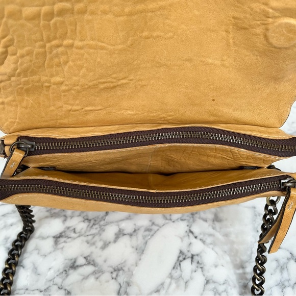 MAXON COLLECTION PEBBLED LEATHER MUSTARD YELLOW ASYMMETRIC FLAP CROSSBODY BAG - Picture 6 of 15